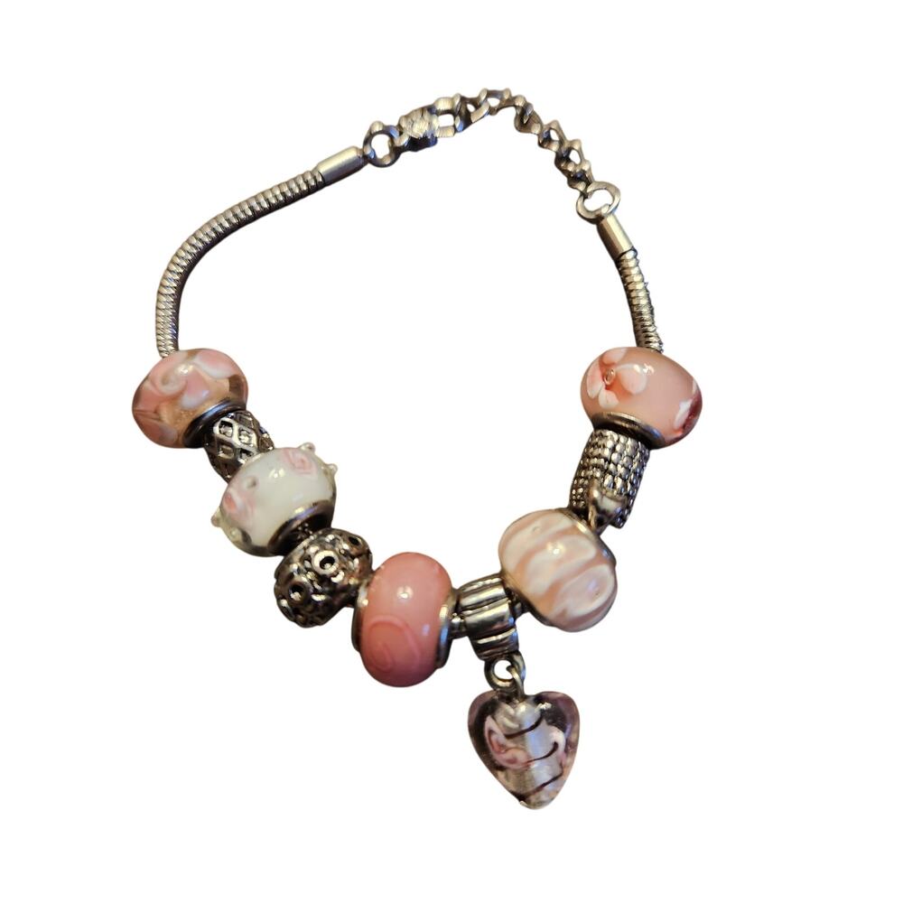 Pink Charm Bracelet Silver Tone Glass Beads Heart Dangle European Style